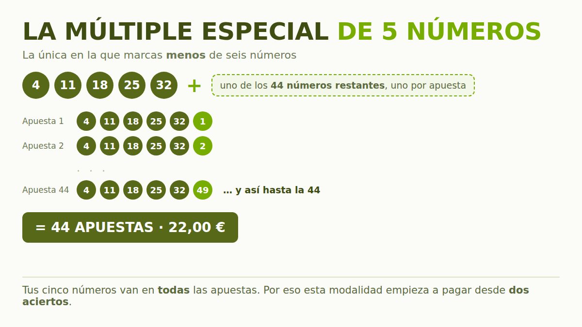 Los cinco números fijos de la múltiple especial de Bonoloto combinados con los 44 restantes