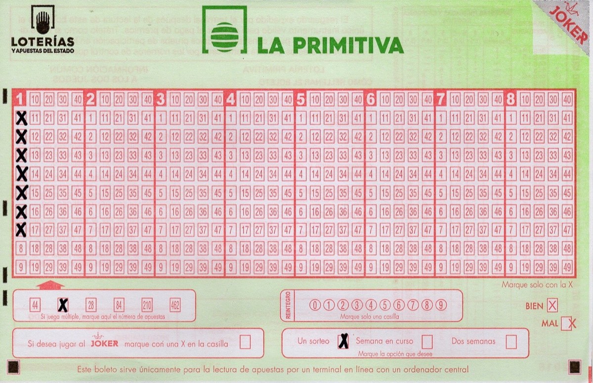 Matriz verde actual de La Primitiva con una apuesta múltiple de siete números
