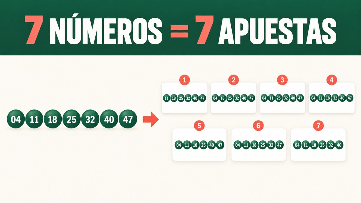 Una apuesta múltiple de 7 números de La Primitiva desarrollada en las siete apuestas de seis que genera