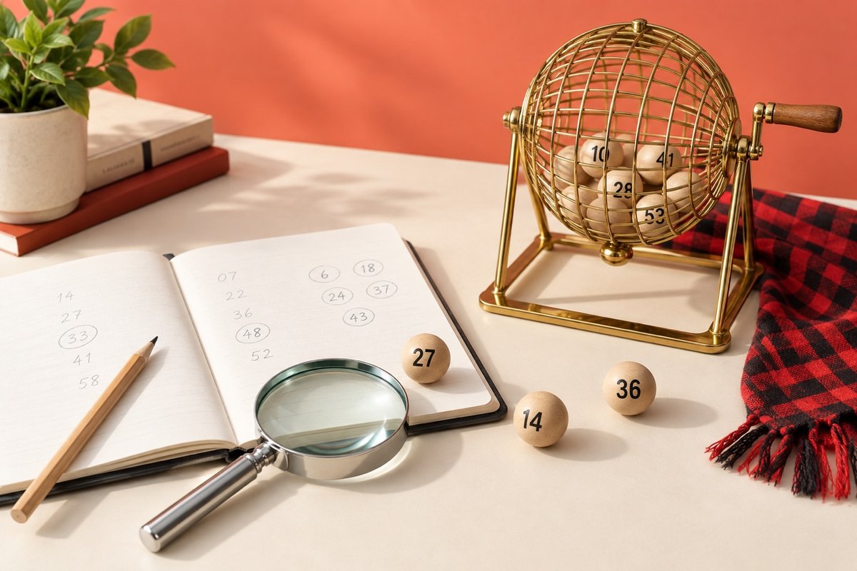 Bombo dorado con bolas numeradas, un cuaderno con n&uacute;meros apuntados y una lupa, sobre un mantel de cuadros