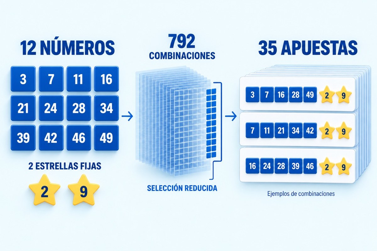 Esquema de una reducida de Euromillones: 12 n&uacute;meros y 2 estrellas fijas dan 792 combinaciones, de las que la reducida juega 35 apuestas