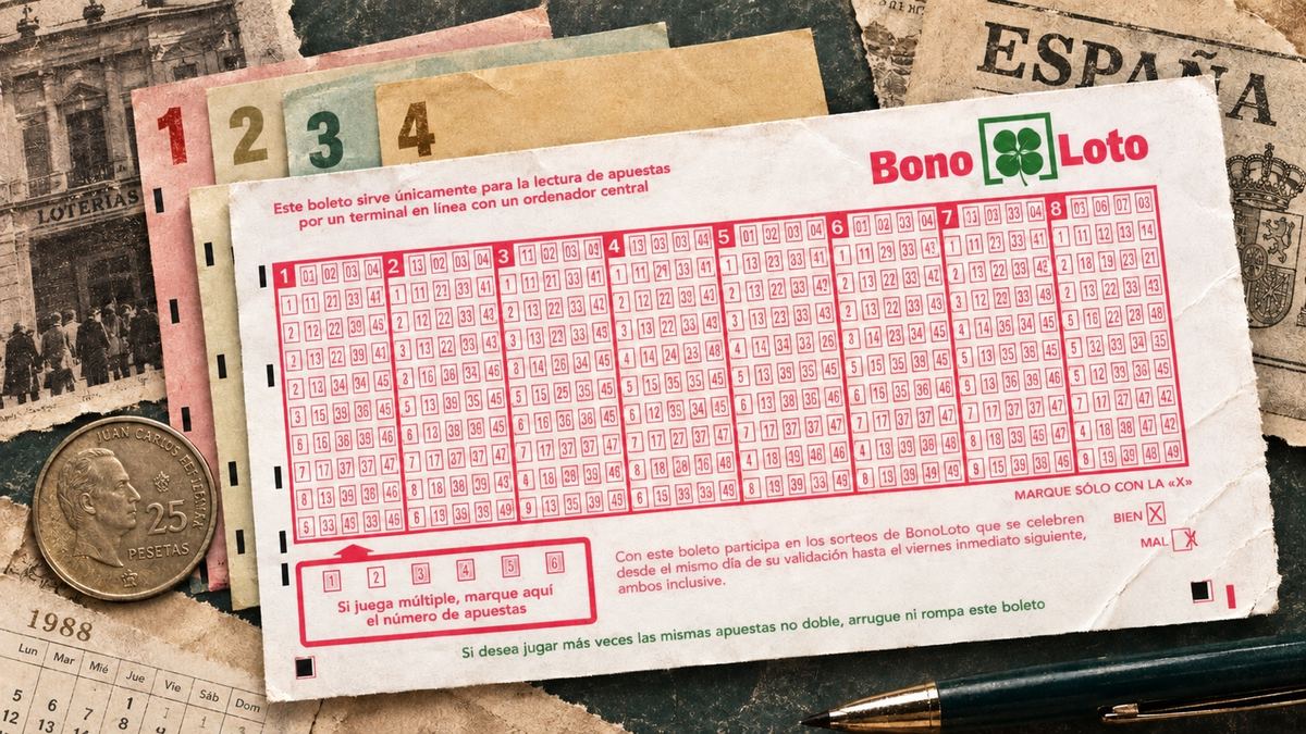 Boleto de BonoLoto junto a cuatro fichas numeradas que representan los cuatro concursos del abono original