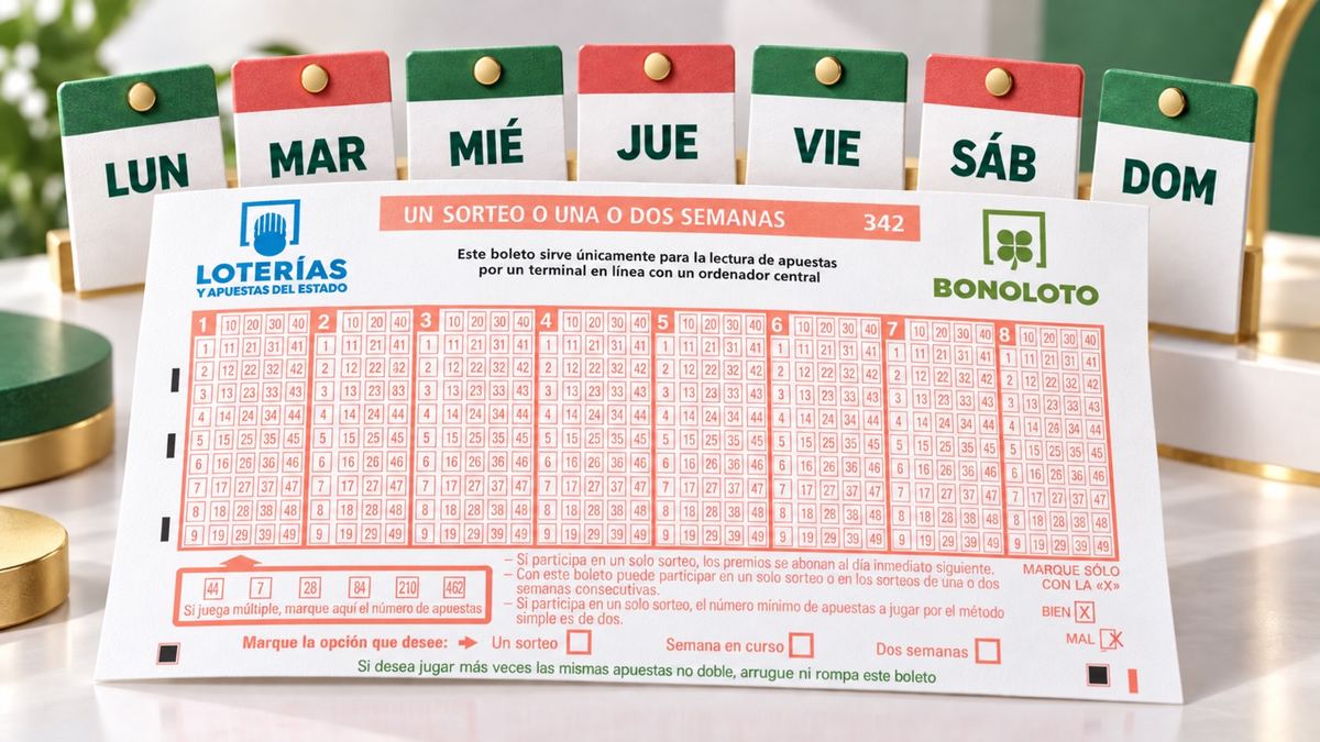 Boleto actual de Bonoloto ante siete fichas con los dias de la semana, de lunes a domingo