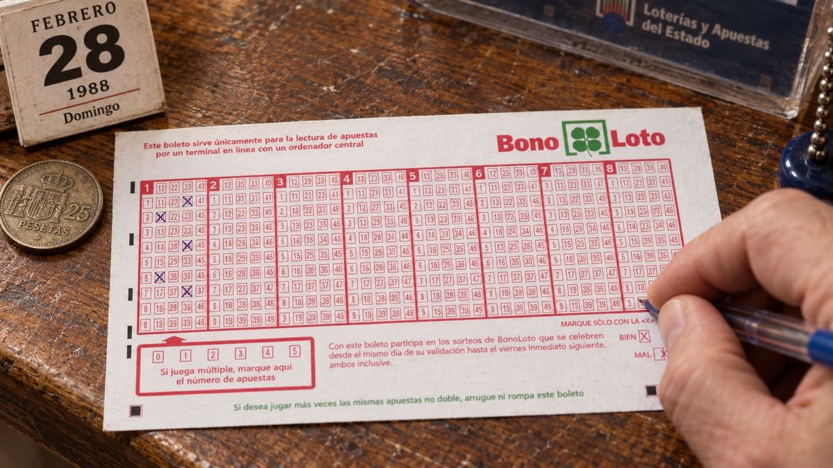 Boleto de BonoLoto marcado a boligrafo junto a un calendario del domingo 28 de febrero de 1988 y una moneda de 25 pesetas