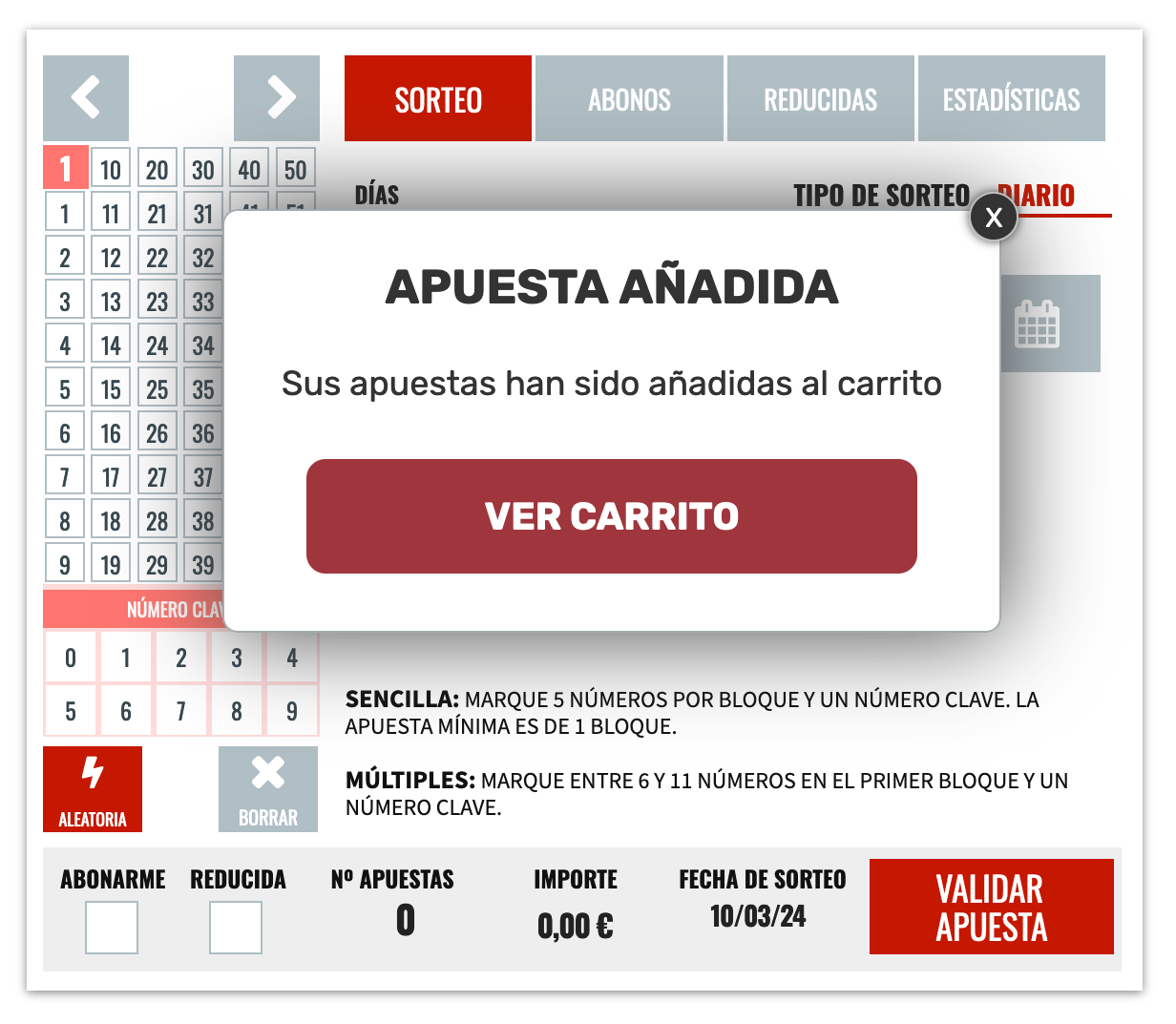 Apuesta de El Gordo de la Primitiva a&ntilde;adida al carrito en la web de Loter&iacute;a El Cachirulo