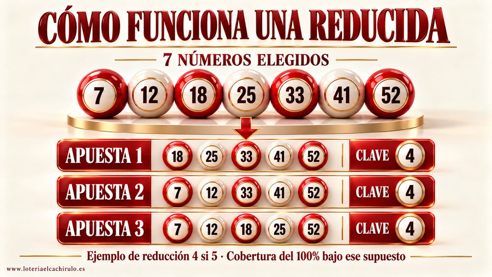 C&oacute;mo funciona una reducida de El Gordo: siete n&uacute;meros elegidos repartidos en tres apuestas de cinco, con la misma clave en todas