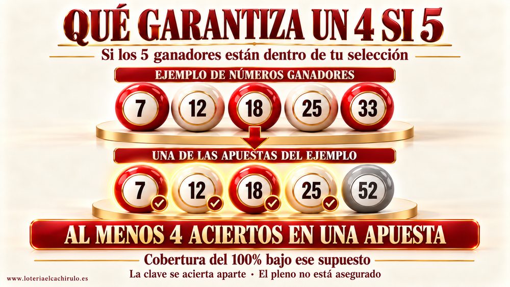 Qu&eacute; garantiza una reducida 4 si 5 de El Gordo: si los cinco n&uacute;meros premiados est&aacute;n entre los tuyos, al menos una apuesta lleva cuatro aciertos
