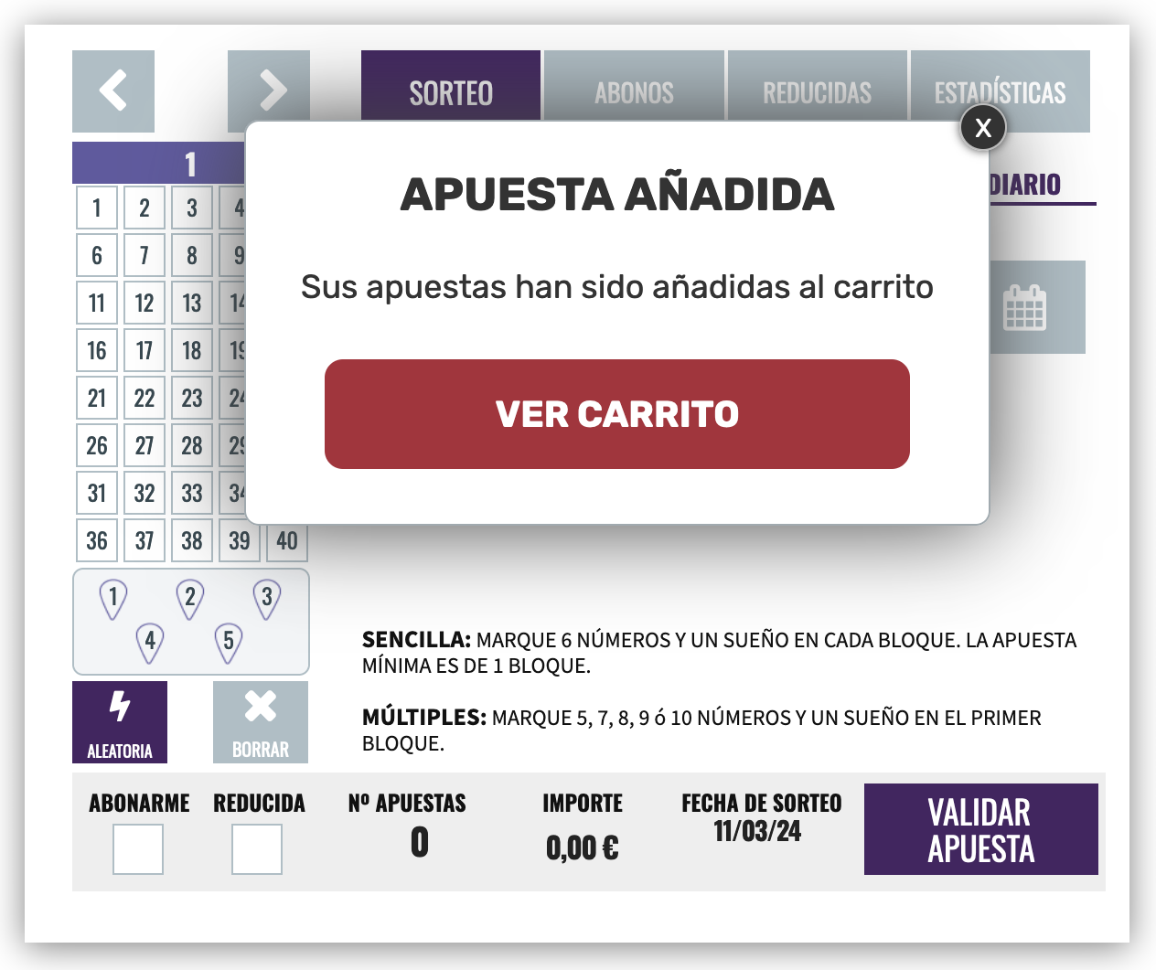Apuesta de EuroDreams a&ntilde;adida al carrito en la web de Loter&iacute;a El Cachirulo