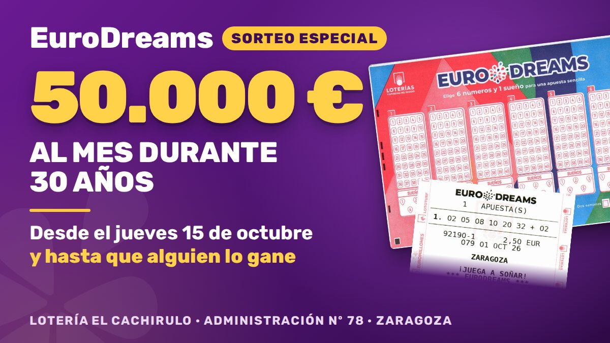 Sorteo especial de EuroDreams: 50.000 &euro; al mes durante 30 a&ntilde;os, desde el jueves 15 de octubre y hasta que alguien lo gane
