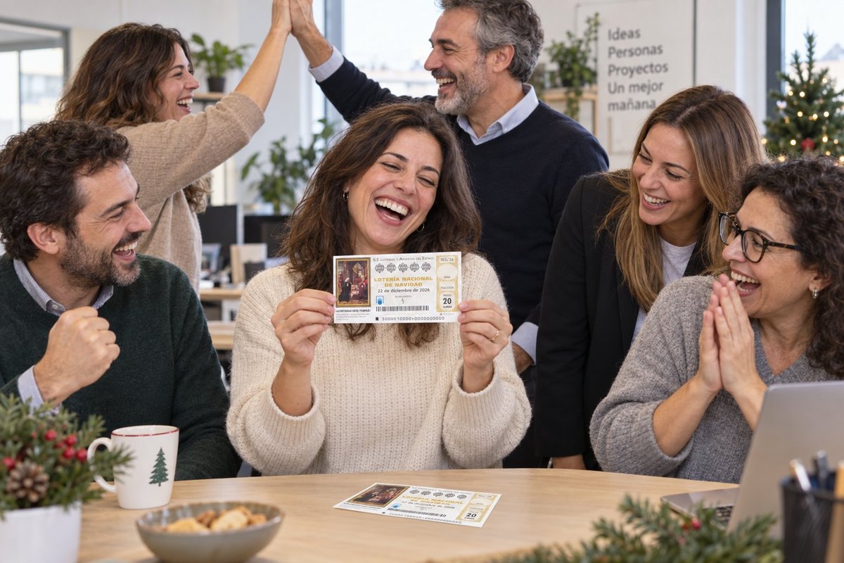 Equipo de una empresa celebrando un premio de la loter&iacute;a de Navidad