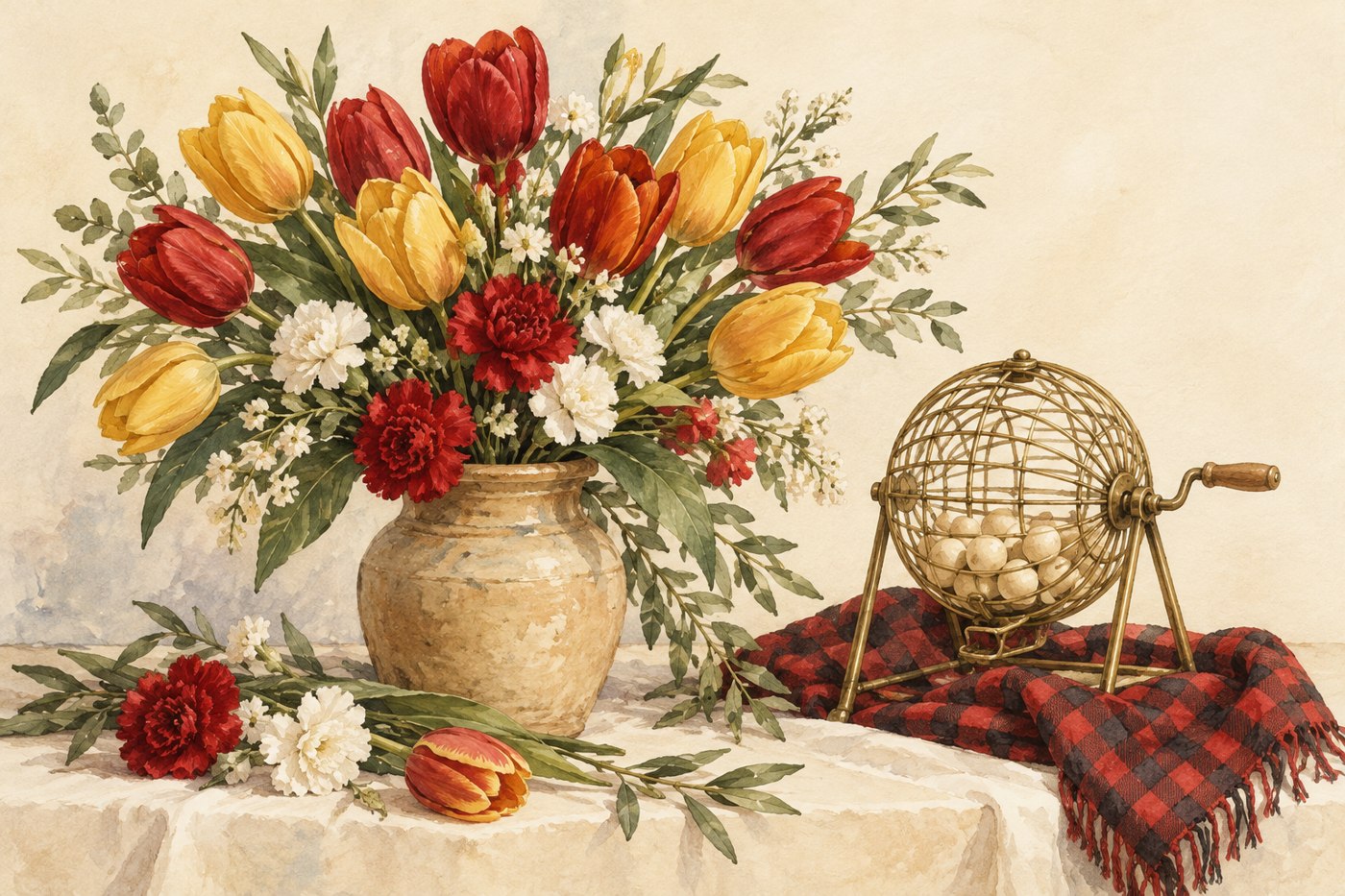 Ilustraci&oacute;n de flores rojas y amarillas, un cachirulo aragon&eacute;s y un bombo de loter&iacute;a