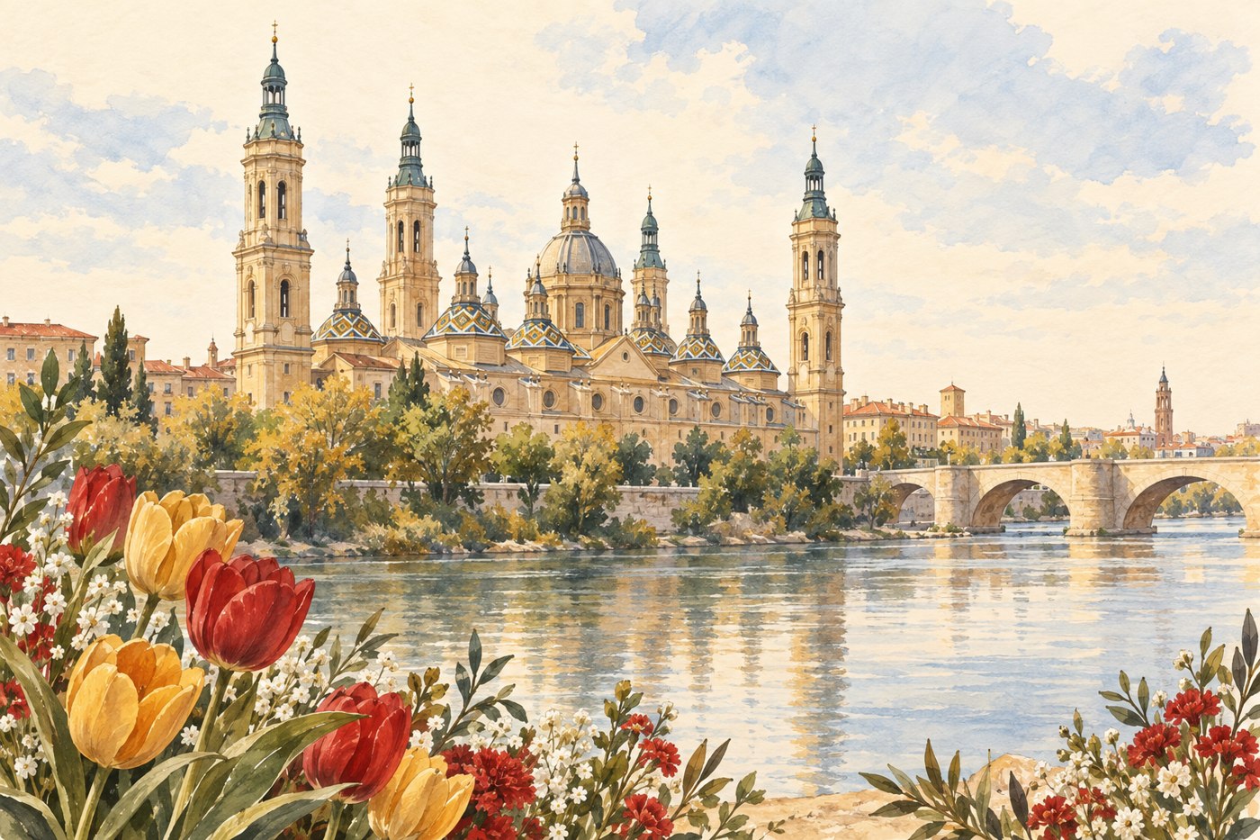 Ilustraci&oacute;n de la bas&iacute;lica del Pilar junto al Ebro, entre flores rojas y doradas