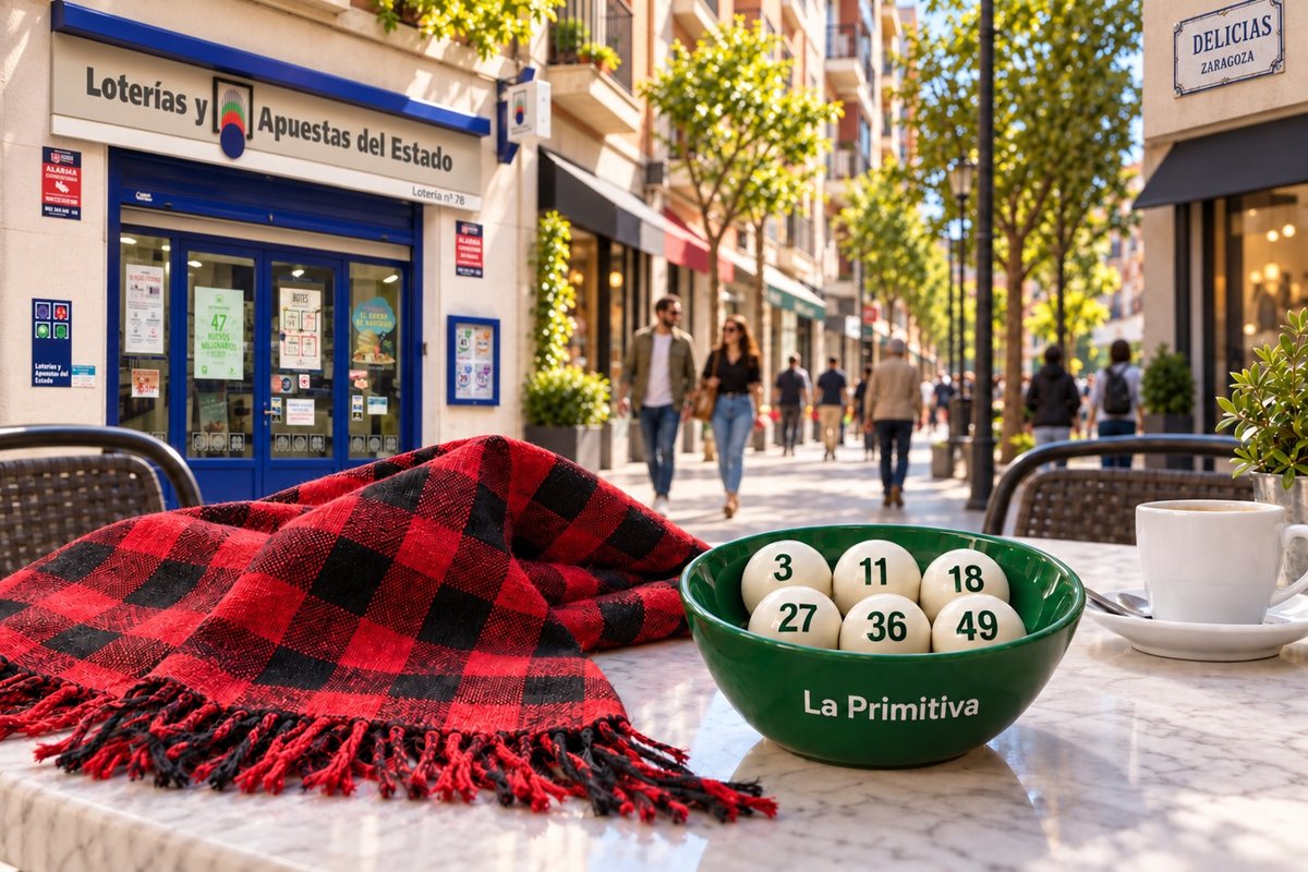 Ilustraci&oacute;n de la administraci&oacute;n n&ordm; 78 El Cachirulo en el barrio de las Delicias de Zaragoza, con un cachirulo y bolas de La Primitiva