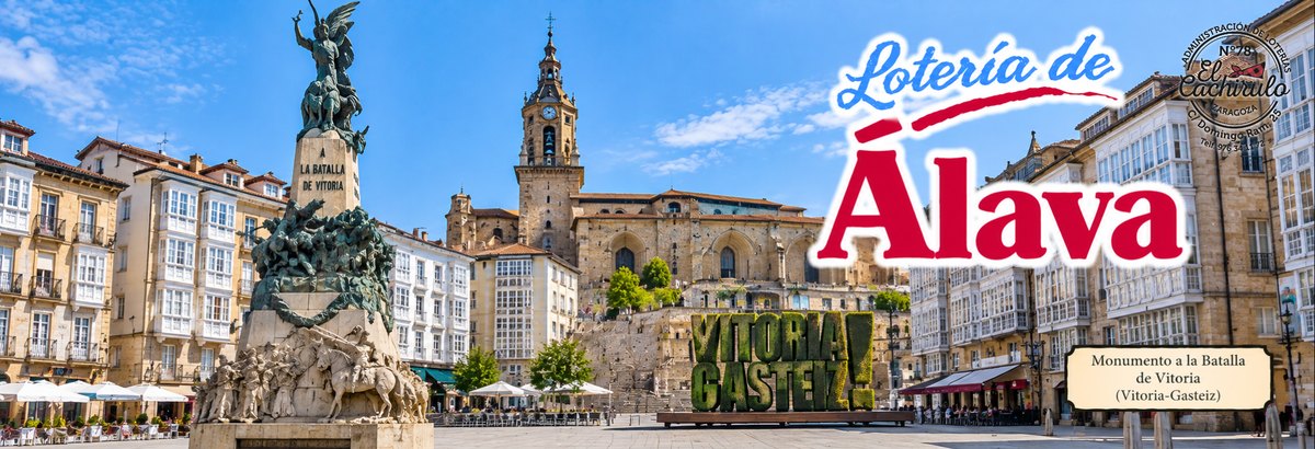 El monumento a la Batalla de Vitoria en la plaza de la Virgen Blanca, con la iglesia de San Miguel al fondo y el sello de la Administraci&oacute;n de Loter&iacute;as n&ordm; 78 El Cachirulo