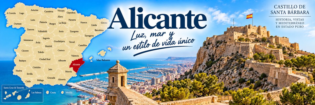 Mapa de Espa&ntilde;a con la provincia de Alicante se&ntilde;alada y el castillo de Santa B&aacute;rbara sobre la bah&iacute;a y el puerto de Alicante