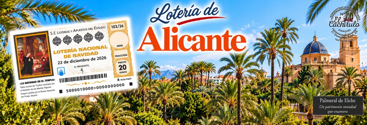 Un d&eacute;cimo de la Loter&iacute;a de Navidad junto al palmeral de Elche, en Alicante, con el sello de la Administraci&oacute;n de Loter&iacute;as n&ordm; 78 El Cachirulo