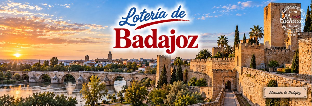 La Alcazaba de Badajoz al atardecer, con el Guadiana y la ciudad al fondo y el sello de la Administraci&oacute;n de Loter&iacute;as n&ordm; 78 El Cachirulo