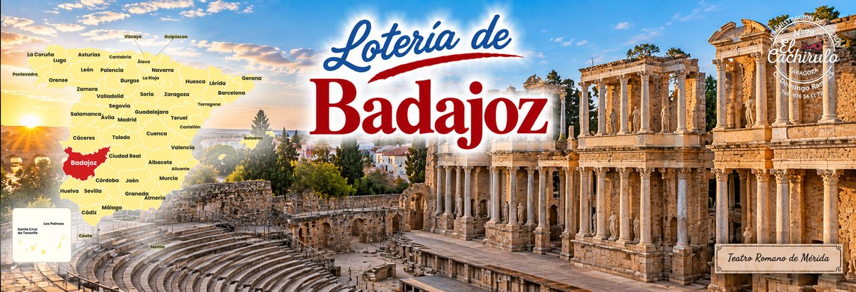 Mapa de Espa&ntilde;a con la provincia de Badajoz se&ntilde;alada y el Teatro Romano de M&eacute;rida al atardecer