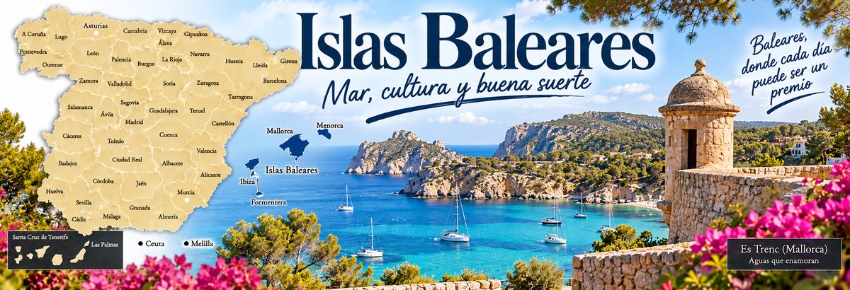 Mapa de Espa&ntilde;a con las Islas Baleares se&ntilde;aladas y una cala mallorquina de aguas turquesa con veleros y una torre de vig&iacute;a