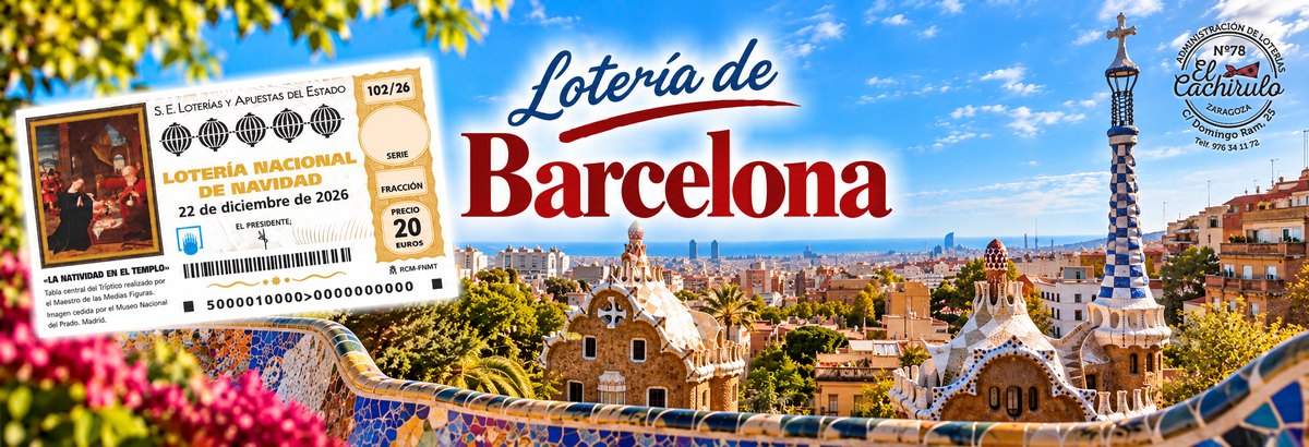 Un d&eacute;cimo de la Loter&iacute;a de Navidad ante los pabellones del Park G&uuml;ell de Barcelona, con el sello de la Administraci&oacute;n de Loter&iacute;as n&ordm; 78 El Cachirulo