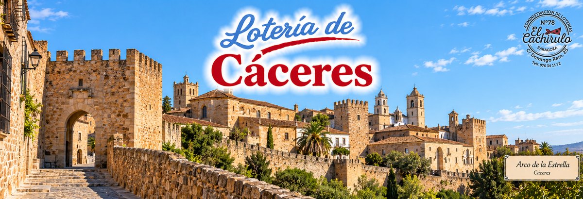 El Arco de la Estrella y la muralla de C&aacute;ceres, con la ciudad monumental al fondo y el sello de la Administraci&oacute;n de Loter&iacute;as n&ordm; 78 El Cachirulo