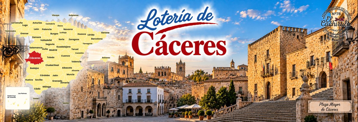 Mapa de Espa&ntilde;a con la provincia de C&aacute;ceres se&ntilde;alada y la Plaza Mayor de C&aacute;ceres al atardecer