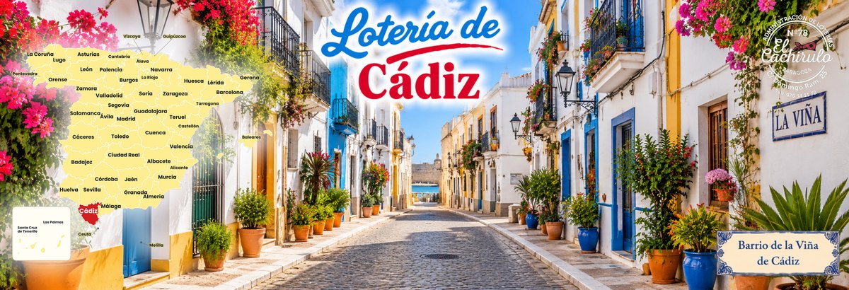 Mapa de Espa&ntilde;a con la provincia de C&aacute;diz se&ntilde;alada y una calle del barrio de la Vi&ntilde;a de C&aacute;diz, con casas blancas, macetas y buganvillas