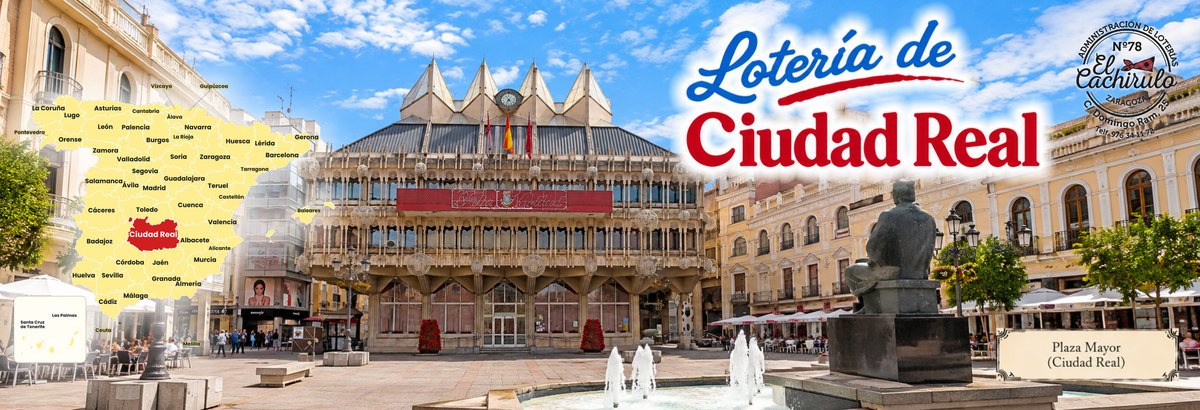 Mapa de Espa&ntilde;a con la provincia de Ciudad Real se&ntilde;alada y la Plaza Mayor de Ciudad Real con su ayuntamiento