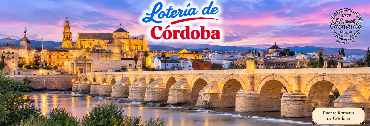 El puente romano de C&oacute;rdoba sobre el Guadalquivir, con la Mezquita-Catedral al fondo al anochecer, con el sello de la Administraci&oacute;n de Loter&iacute;as n&ordm; 78 El Cachirulo