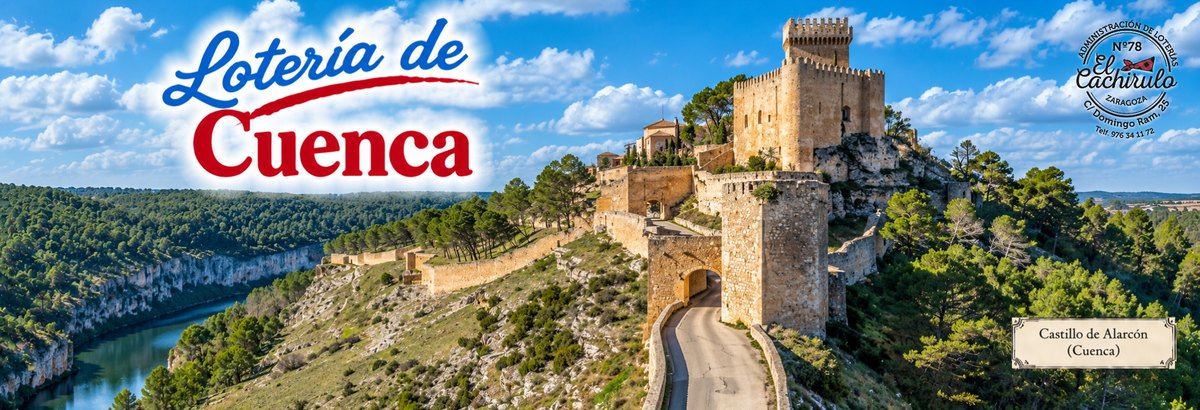 El castillo de Alarc&oacute;n, en Cuenca, sobre la hoz del r&iacute;o J&uacute;car, con el sello de la Administraci&oacute;n de Loter&iacute;as n&ordm; 78 El Cachirulo