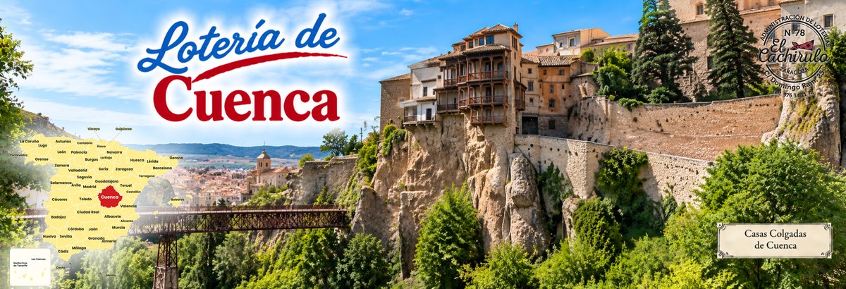 Mapa de Espa&ntilde;a con la provincia de Cuenca se&ntilde;alada, las Casas Colgadas de Cuenca y el puente de San Pablo