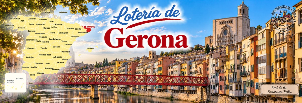 Mapa de Espa&ntilde;a con la provincia de Gerona se&ntilde;alada y el Pont de les Peixateries Velles sobre el r&iacute;o Onyar, con las casas de colores de Gerona al fondo