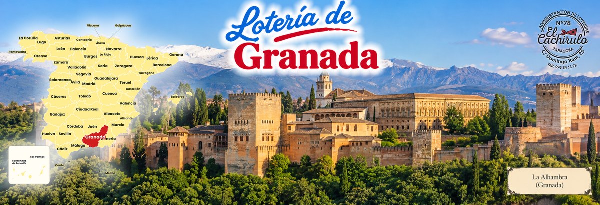 Mapa de Espa&ntilde;a con la provincia de Granada se&ntilde;alada y la Alhambra de Granada con Sierra Nevada al fondo