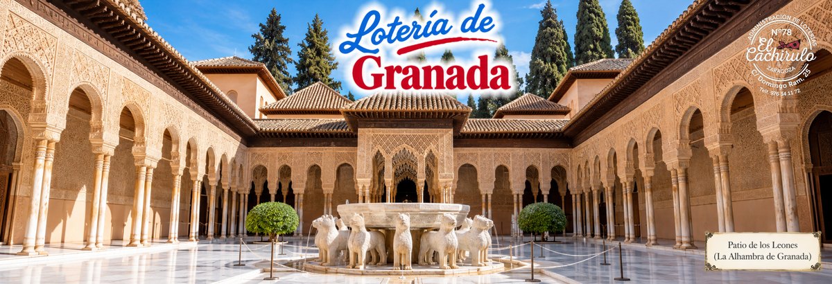 El Patio de los Leones de la Alhambra de Granada, con su fuente, con el sello de la Administraci&oacute;n de Loter&iacute;as n&ordm; 78 El Cachirulo
