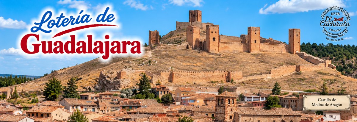 El castillo de Molina de Arag&oacute;n, en Guadalajara, sobre los tejados del pueblo, con el sello de la Administraci&oacute;n de Loter&iacute;as n&ordm; 78 El Cachirulo