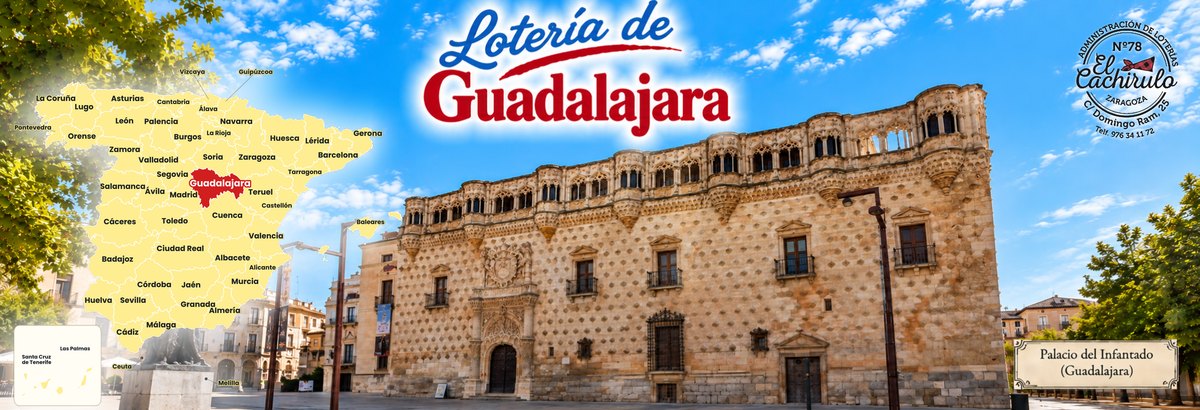 Mapa de Espa&ntilde;a con la provincia de Guadalajara se&ntilde;alada y el Palacio del Infantado de Guadalajara