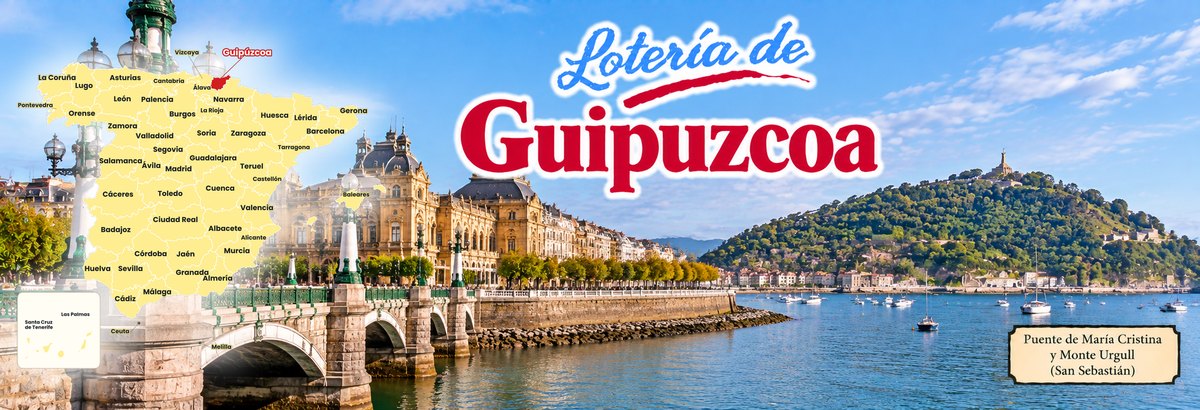 Mapa de Espa&ntilde;a con la provincia de Guip&uacute;zcoa se&ntilde;alada, el puente de Mar&iacute;a Cristina y el monte Urgull, en San Sebasti&aacute;n
