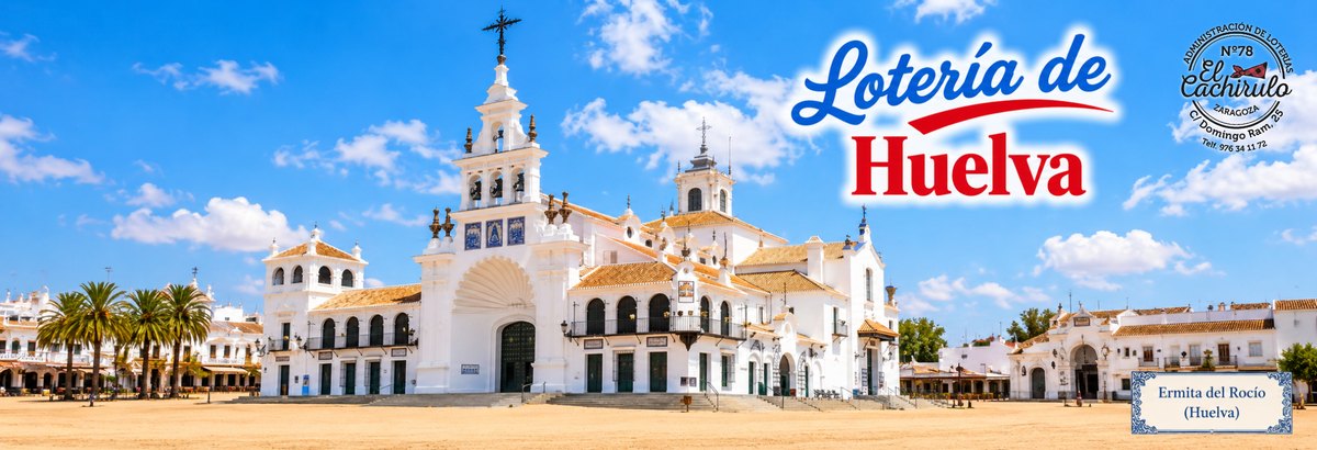 La ermita de El Roc&iacute;o, en Almonte, con su explanada de arena, con el sello de la Administraci&oacute;n de Loter&iacute;as n&ordm; 78 El Cachirulo