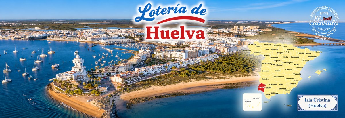 Isla Cristina desde el aire, con su faro, el puerto deportivo y la playa, y el mapa de Espa&ntilde;a con la provincia de Huelva se&ntilde;alada