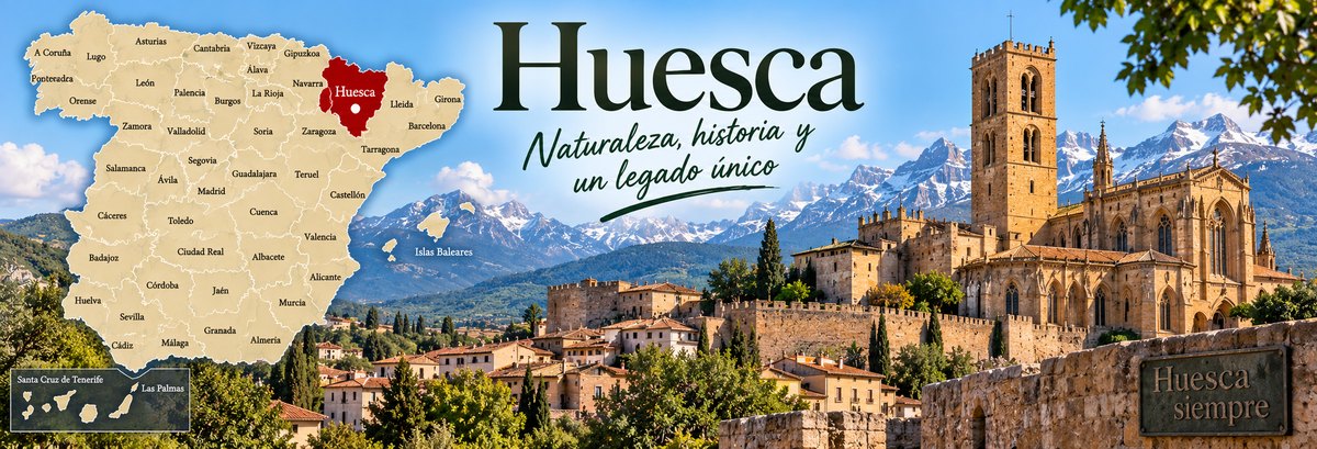 Mapa de Espa&ntilde;a con la provincia de Huesca se&ntilde;alada, junto a una villa amurallada del Alto Arag&oacute;n con los Pirineos nevados al fondo