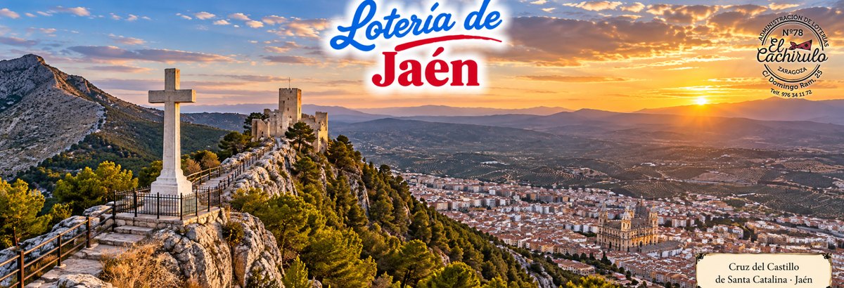 La cruz del castillo de Santa Catalina, sobre la ciudad de Ja&eacute;n, al atardecer, con el sello de la Administraci&oacute;n de Loter&iacute;as n&ordm; 78 El Cachirulo