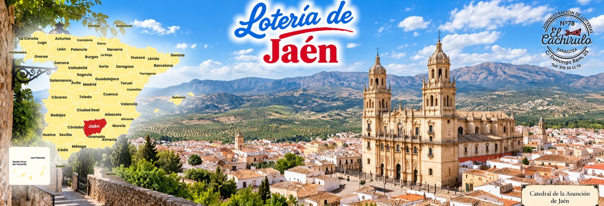 Mapa de Espa&ntilde;a con la provincia de Ja&eacute;n se&ntilde;alada y la catedral de la Asunci&oacute;n de Ja&eacute;n entre olivares