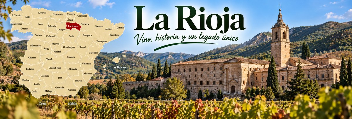 Mapa de Espa&ntilde;a con La Rioja se&ntilde;alada, junto a un monasterio riojano rodeado de vi&ntilde;edos