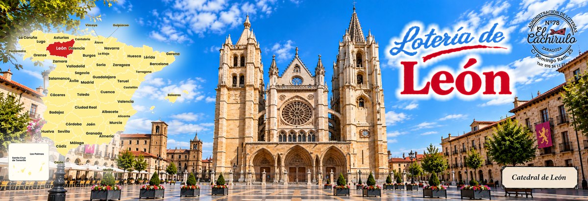 Mapa de Espa&ntilde;a con la provincia de Le&oacute;n se&ntilde;alada y la catedral de Le&oacute;n desde su plaza