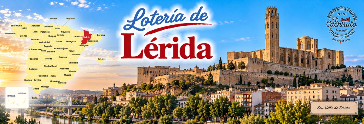 Mapa de Espa&ntilde;a con la provincia de L&eacute;rida se&ntilde;alada y la Seu Vella de L&eacute;rida sobre la ciudad, con el r&iacute;o Segre en primer t&eacute;rmino