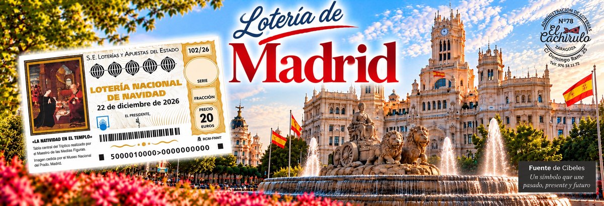 Un d&eacute;cimo de la Loter&iacute;a de Navidad junto a la fuente de Cibeles de Madrid, con el sello de la Administraci&oacute;n de Loter&iacute;as n&ordm; 78 El Cachirulo