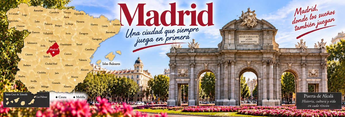 Mapa de Espa&ntilde;a con la provincia de Madrid se&ntilde;alada y la Puerta de Alcal&aacute; rodeada de flores
