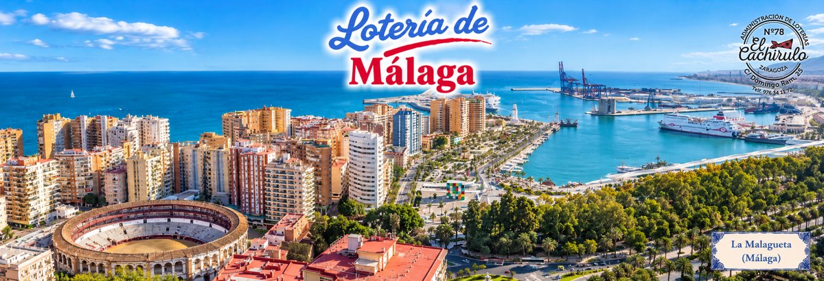 La Malagueta y el puerto de M&aacute;laga desde el aire, con la plaza de toros, el paseo del Parque y el mar, con el sello de la Administraci&oacute;n de Loter&iacute;as n&ordm; 78 El Cachirulo