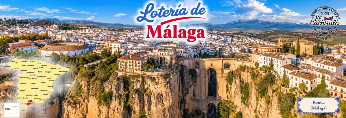 Mapa de Espa&ntilde;a con la provincia de M&aacute;laga se&ntilde;alada y Ronda, con el Puente Nuevo sobre el Tajo y la plaza de toros
