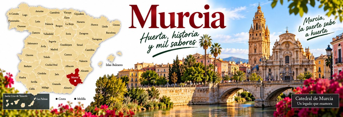 Mapa de Espa&ntilde;a con la Regi&oacute;n de Murcia se&ntilde;alada, junto a la catedral de Murcia y el puente sobre el Segura